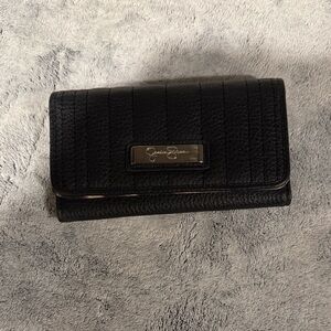 EUC Jessica Simpson Black Pebbled Leather Flap Wallet - Leopard Print Liner